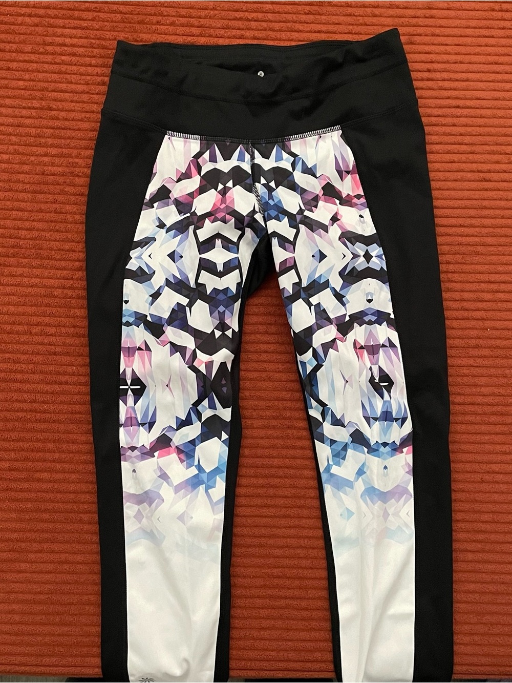 Athleta Black Leggings with Purple & Blue Geo Print